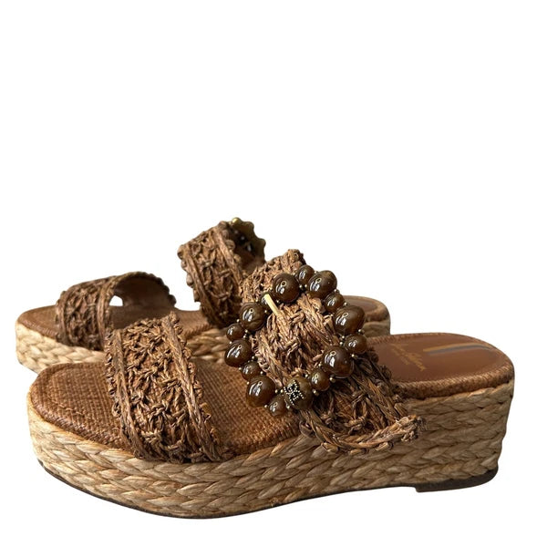 Sam Edelman Woven Raffia Platform Slides Beaded Details Espadrille 7.5 Sandals