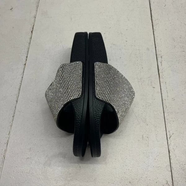 Fashion Nova Black & Silver Rhinestone Slip-On Slide Sandals Women's Size 6.5