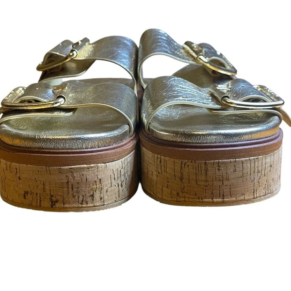 J/Slides Belinda Double Buckle Platform Gold Slide Sandals Women’s Size 10
