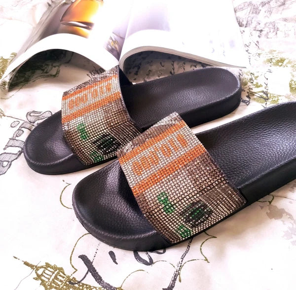 Money Print Rhinestone Slides, Summer Statement Sandals, Bands 10k Bling Slides