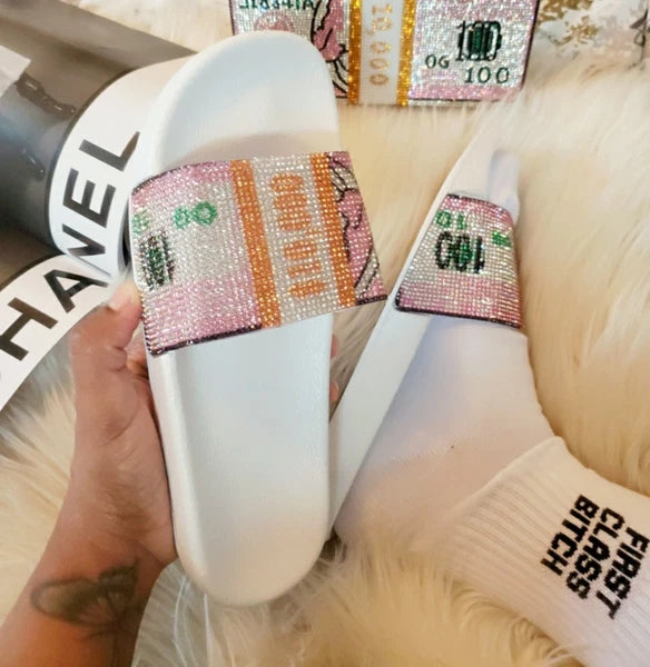 Money Print Rhinestone Slides, Summer Statement Sandals, Bands 10k Bling Slides
