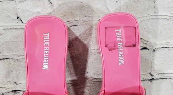 True Religion Bling Silver Pink Stoned Sandals Block Heels WOMENS SIZE 10