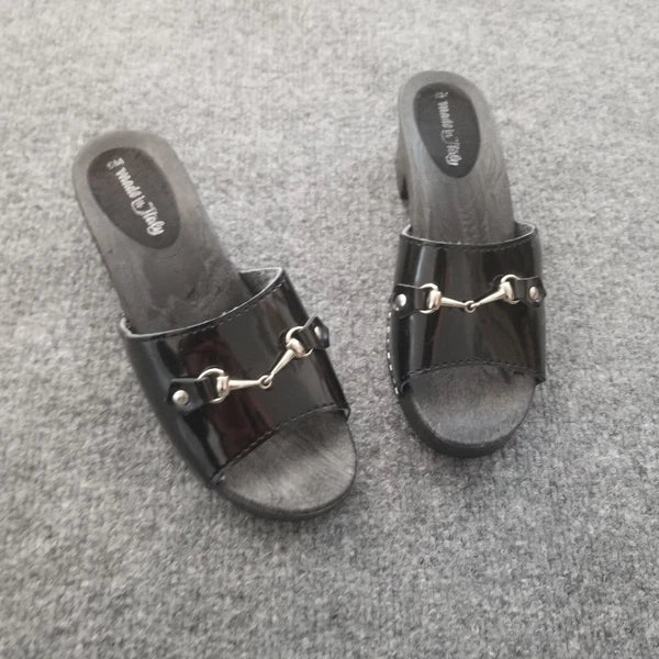 Made in Italy Women Clogs Size US 6M Black Open Toe Wooden Look w Silver Buckle*