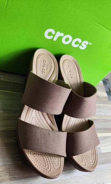 Crocs Leigh 2 Strap Wedge Sandals 11w Bronze Dual Comfort Women's Fashion Shoes