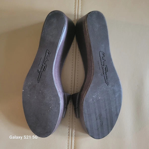 Ferragamo Mules Slides Mid Wedge Gunmetal Silver Leather Women Sandals US 8.5