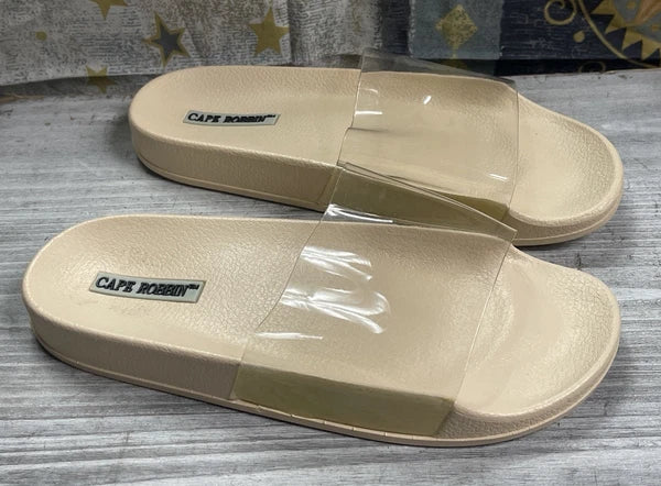 Cape Robbin Clear & Tan Strap Slides Sandals Beach Slip On Flats Mules - Size 7