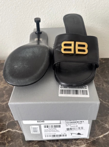 BALENCIAGA Groupie BB Logo Black Slide Sandal Shoes Heels Size 39.5 US 9.5