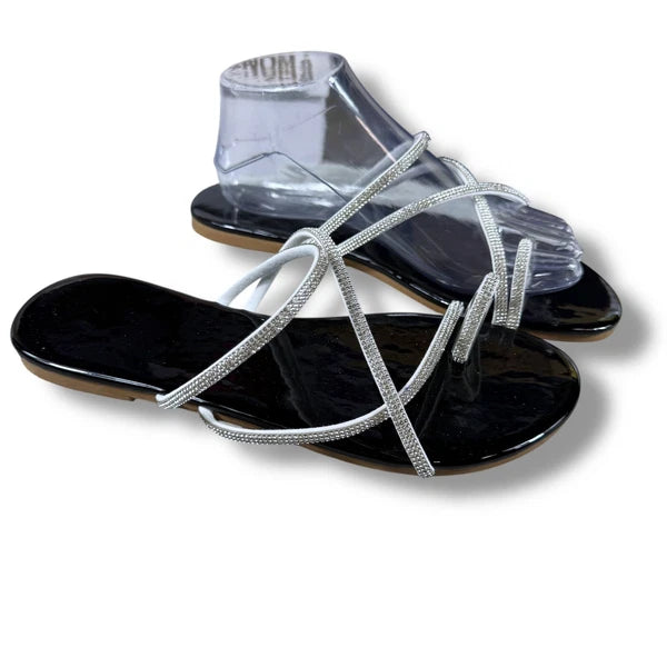 Boutique Rhinestone Sandals Women's Thong Strap Diamante Flat Sandal Slides Sz 9