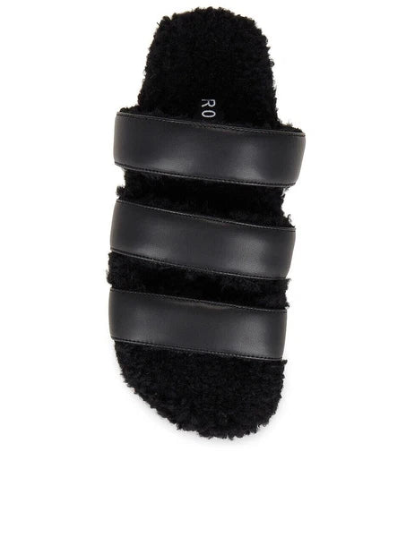 ROAM NIB $139 Black 3 Strap Faux Leather Fuzzy Slide Sandals Sz 6