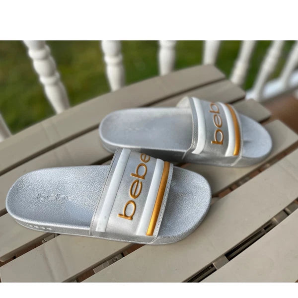 Bebe Silver Slides Sandals Women's Casual Slip On Logo Comfort Size 8 NWOT