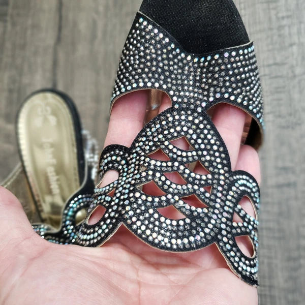 JOHN FASHION Black Rhinestone Perforated Slide Sandal Women's Size 8