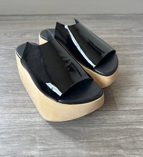MELITTA BAUMEISTER Wood Platform Patent Leather Slide Sandals Designer Shoes 7