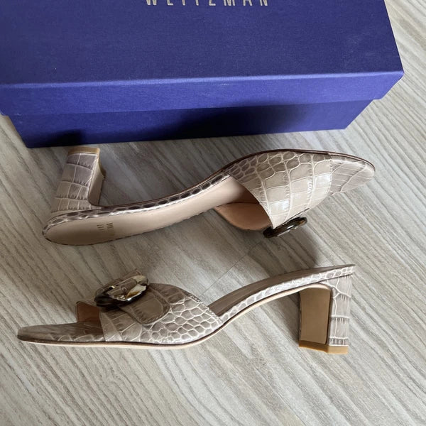 STUART WEITZMAN Style 87580 Taupe Croc Embossed Leather Heels Sandals Size 8.5M