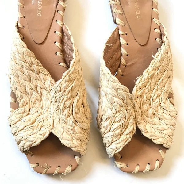 Paloma Barcelo Raffia Sandals Slide Womens 39 9 Natural Open Toe Slip On Leather