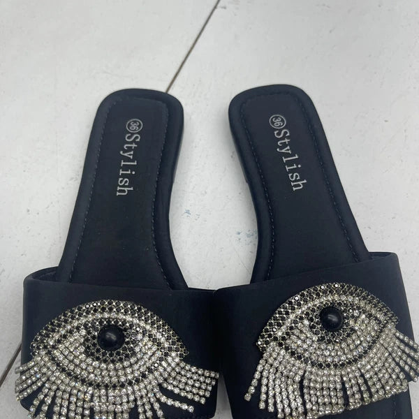 Stylish Black Rhinestone Tassel Evil Eye Square Toe Slide Sandals Women’s 36