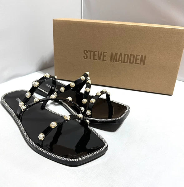 Steve Madden Nonii Womens Sz 10 Jelly Pearl Bling Rhinestone Slide Sandals Black