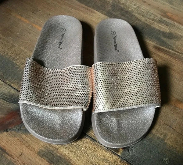 Nature Breeze Women's Sandals-Shoes-Size 7-Gold-Flat-Rhinestones-Fashion Slides