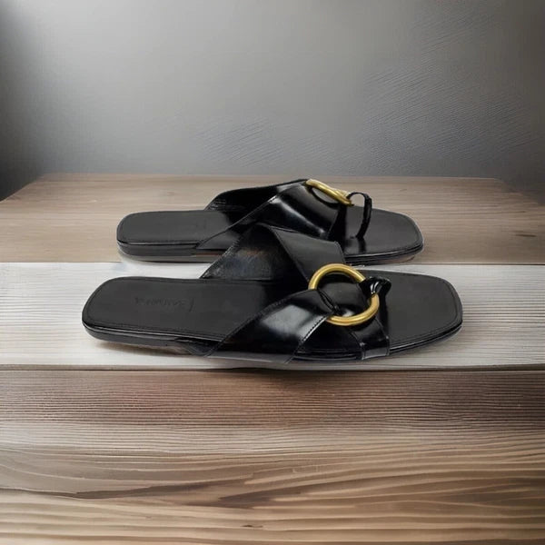 Alumnae Black Asymmetrical Leather ring flat sandals size 40 US 9