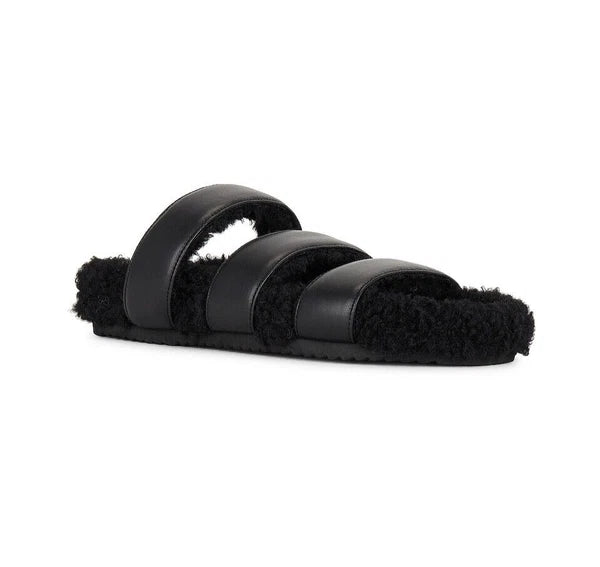 ROAM NIB $139 Black 3 Strap Faux Leather Fuzzy Slide Sandals Sz 6