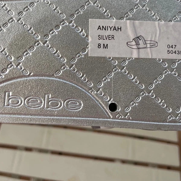 Bebe Silver Slides Sandals Women's Casual Slip On Logo Comfort Size 8 NWOT