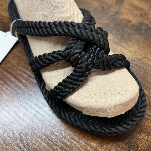 OYSHO Rope Slide Sandals 8 Womens Black Slip On Beach Boho Open Toe Casual New