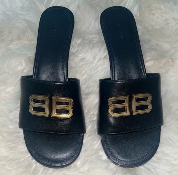 BALENCIAGA Groupie BB Logo Black Slide Sandal Shoes Heels Size 39.5 US 9.5