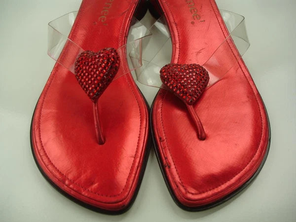 Women's 9 M J. Renee Carlata Red Rhinestones Heart Clear Thong Sandals Thong NWT