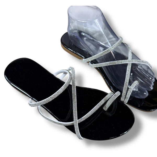 Boutique Rhinestone Sandals Women's Thong Strap Diamante Flat Sandal Slides Sz 9