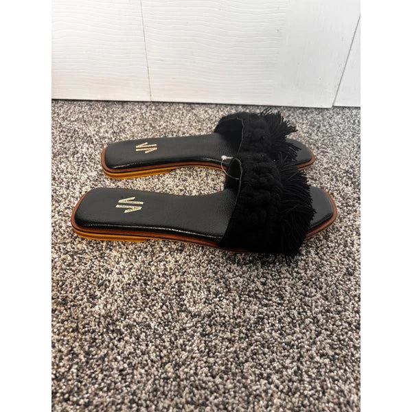 Silvia Cobos Black Candy Fringe Detail Square Toe Flat Slide Sandals