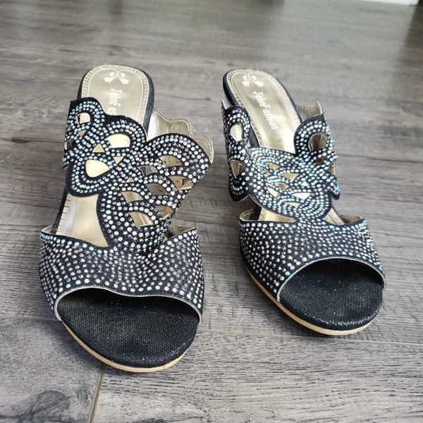 JOHN FASHION Black Rhinestone Perforated Slide Sandal Women's Size 8