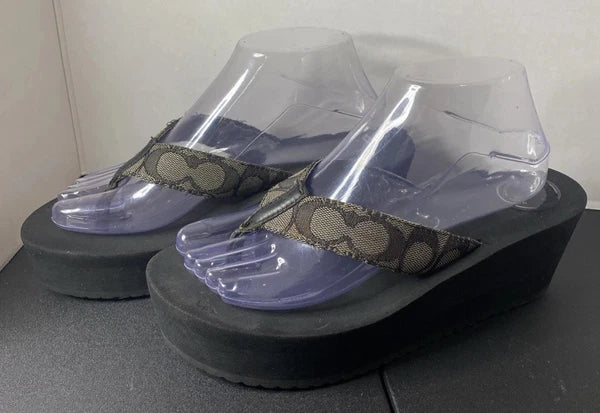COACH Classic Platform Wedge Flip Flop Sandals Size 8-9 Black/Gray Logo