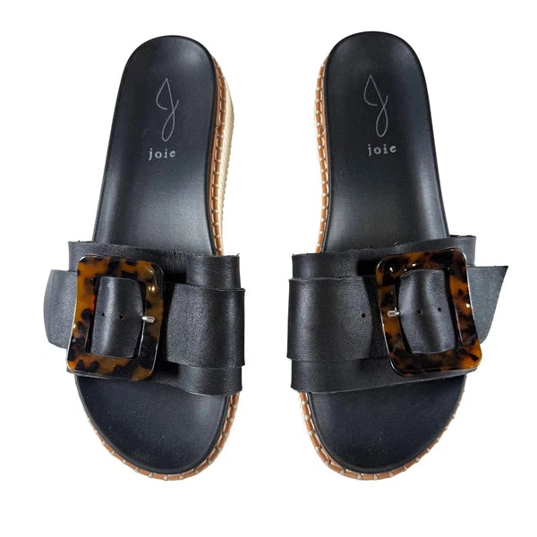 Joie Lyla Black Leather Platform Slides Sandals with Tortoise Big Buckle 9.5