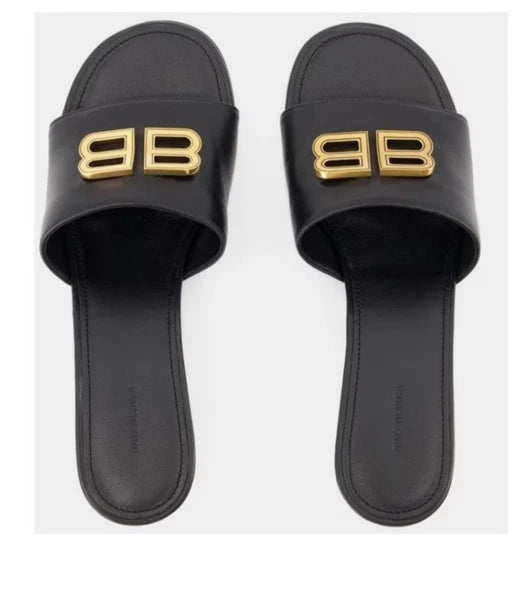 BALENCIAGA Groupie BB Logo Black Slide Sandal Shoes Heels Size 39.5 US 9.5