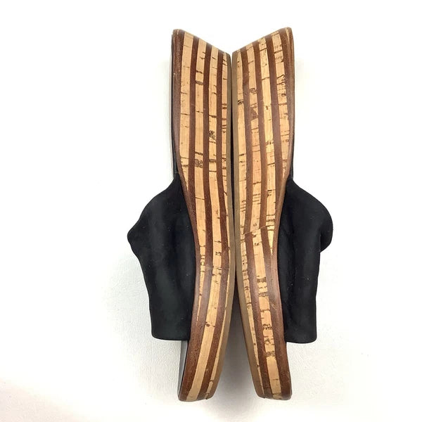 Salvatore Ferragamo Black Leather Slides Sandals Women Size 7 Wood Cork Wedge