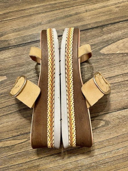 Coach and Four Treviso Tan Leather Platform Slide Sandals Gold Buckle Size 8