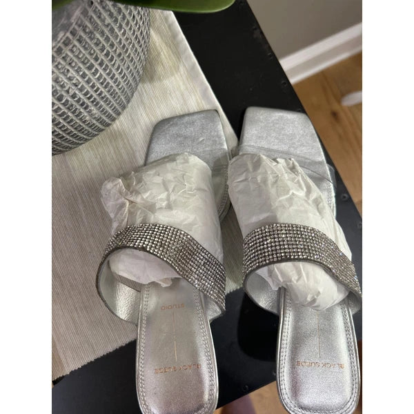 Black Suede Studio Cali SILVER Glitter Slide Sandal Womens Size 38.5
