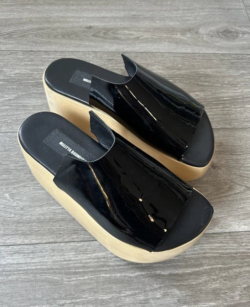 MELITTA BAUMEISTER Wood Platform Patent Leather Slide Sandals Designer Shoes 7