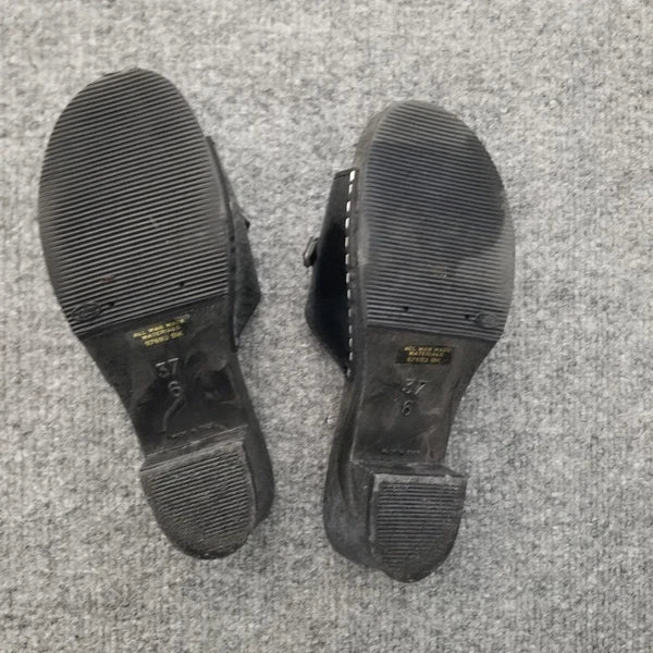 Made in Italy Women Clogs Size US 6M Black Open Toe Wooden Look w Silver Buckle*