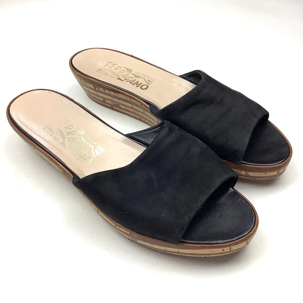 Salvatore Ferragamo Black Leather Slides Sandals Women Size 7 Wood Cork Wedge