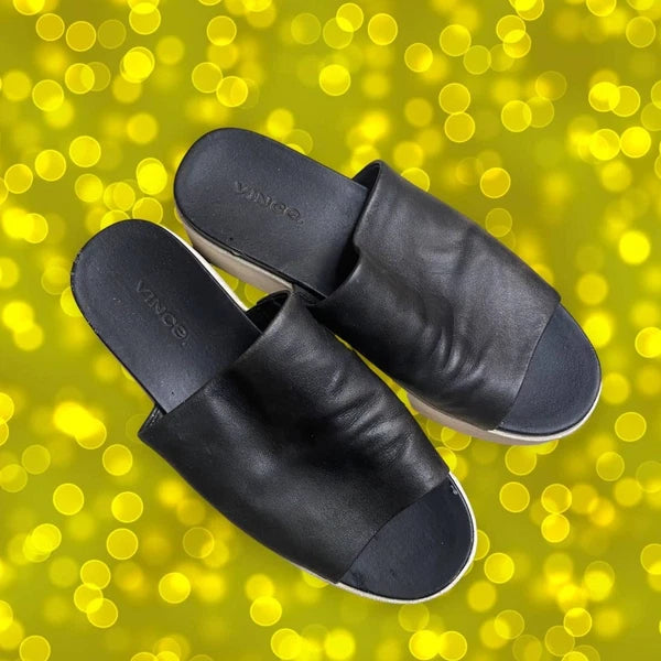 vince. Black Leather Platform Y2K-Style Slide Sandals Size 6