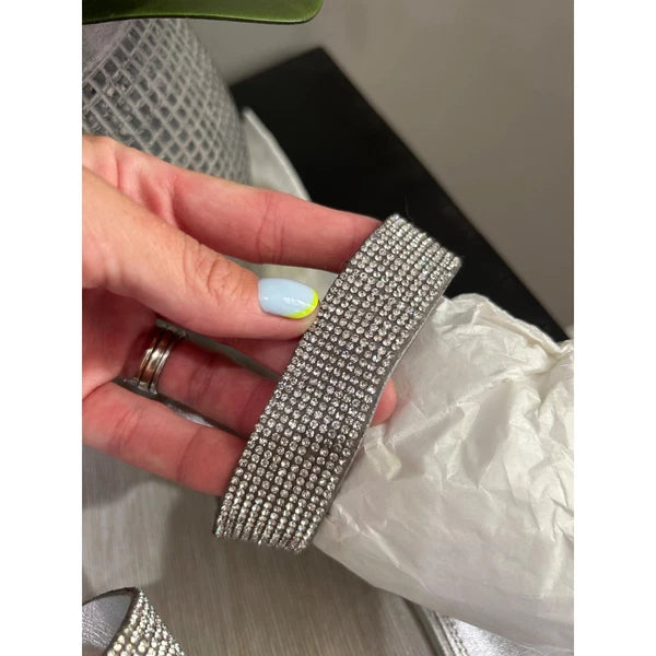 Black Suede Studio Cali SILVER Glitter Slide Sandal Womens Size 38.5