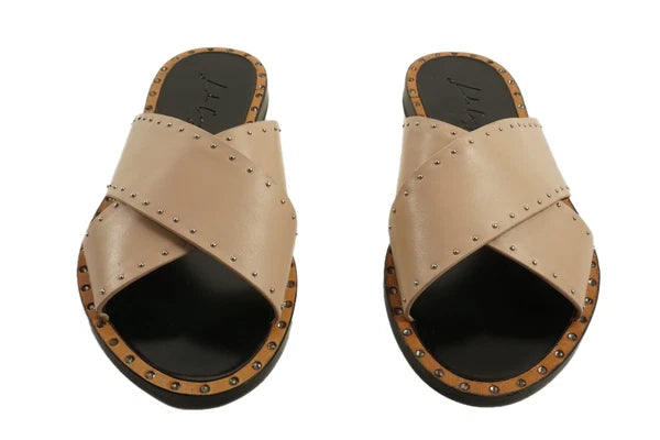 New Lola Cruz Women's EU Size 36 Nude Leather Studded Crossover Slide Sandals