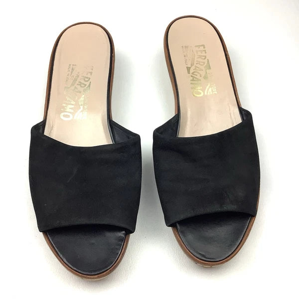 Salvatore Ferragamo Black Leather Slides Sandals Women Size 7 Wood Cork Wedge