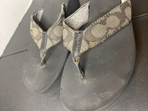 COACH Classic Platform Wedge Flip Flop Sandals Size 8-9 Black/Gray Logo