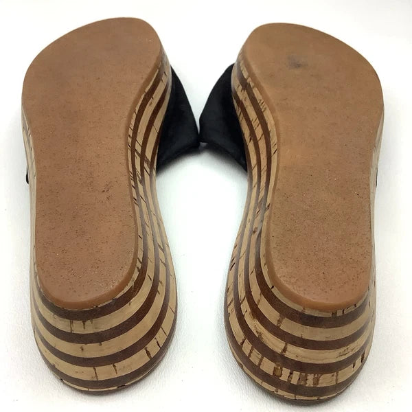 Salvatore Ferragamo Black Leather Slides Sandals Women Size 7 Wood Cork Wedge
