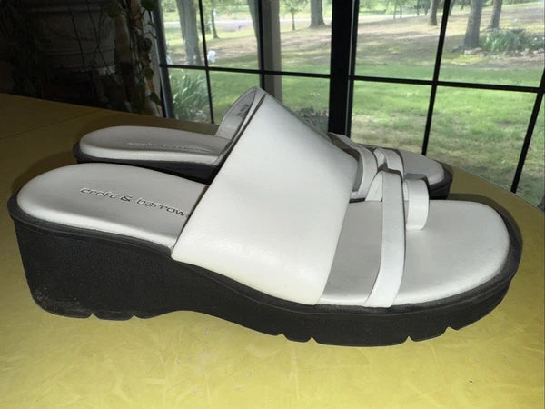 Croft & Barrow Womens Hally Size 8 White Leather Slide Chunky Sandals y2k Style