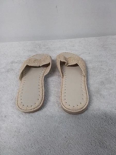 Size 8 Women's Designer Dupe Raffia Beige Open Toe Slip On Slides Sandals
