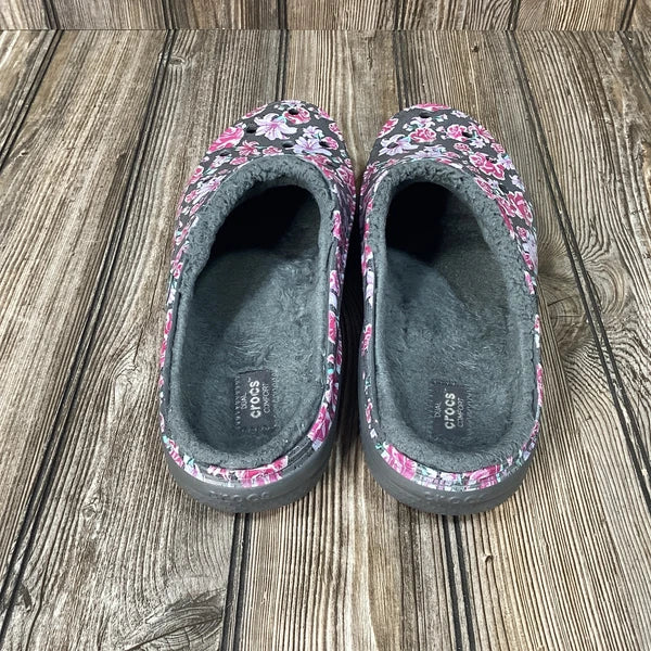 Crocs Womens Floral Design Gray Fur Lined Comfort Slides Shoes Size 11
