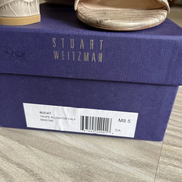 STUART WEITZMAN Style 87580 Taupe Croc Embossed Leather Heels Sandals Size 8.5M