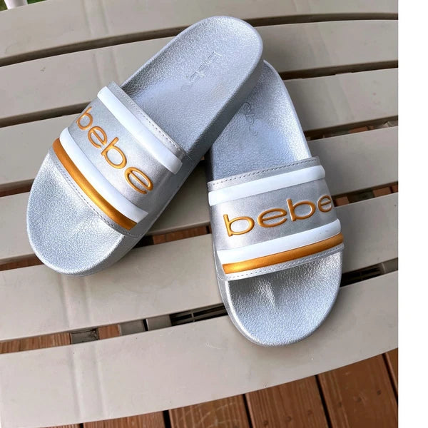 Bebe Silver Slides Sandals Women's Casual Slip On Logo Comfort Size 8 NWOT